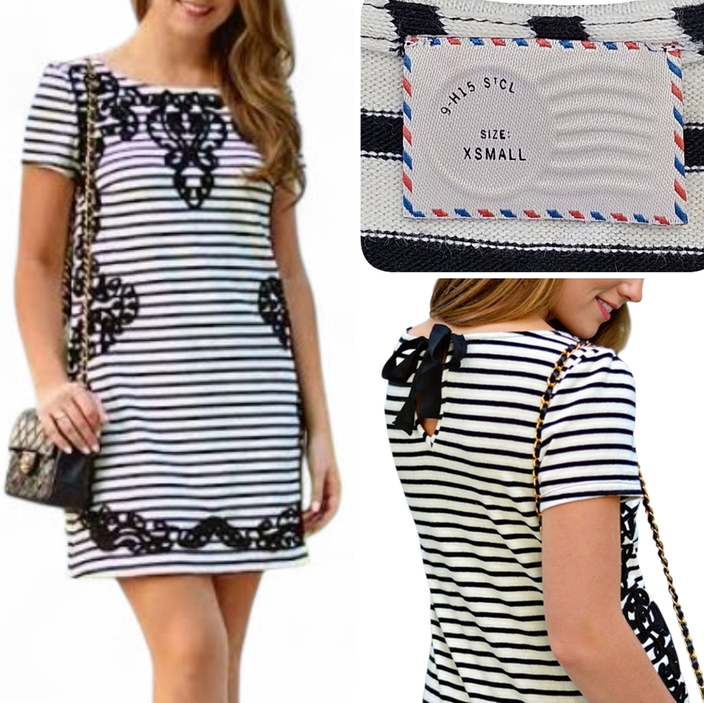 Anthropologie Postmark B&W Striped Filigree Embroidered Tunic / Mini Dress